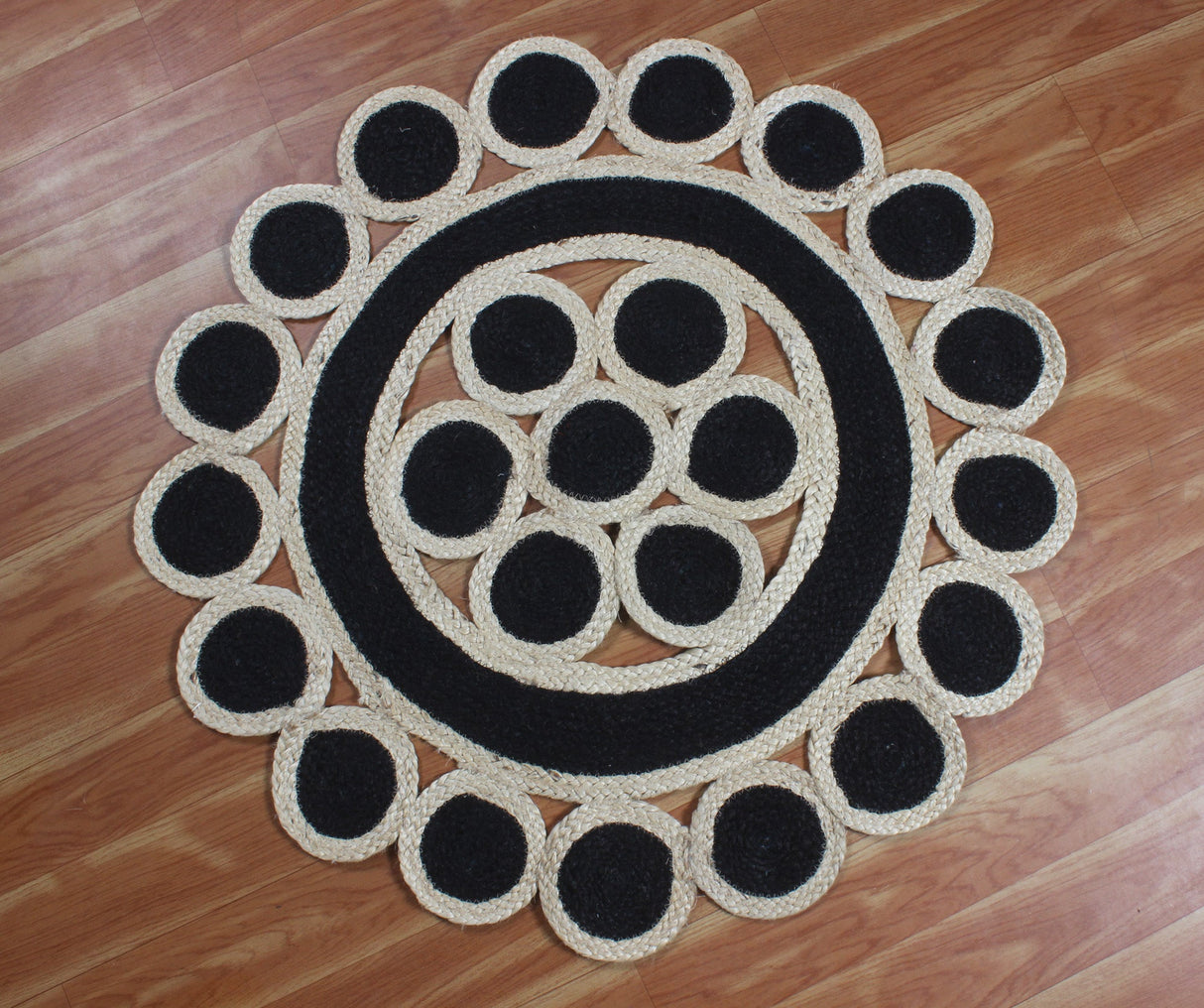 Handmade Black Rug Kitchen Dining Room Rug, Round Natural Rug