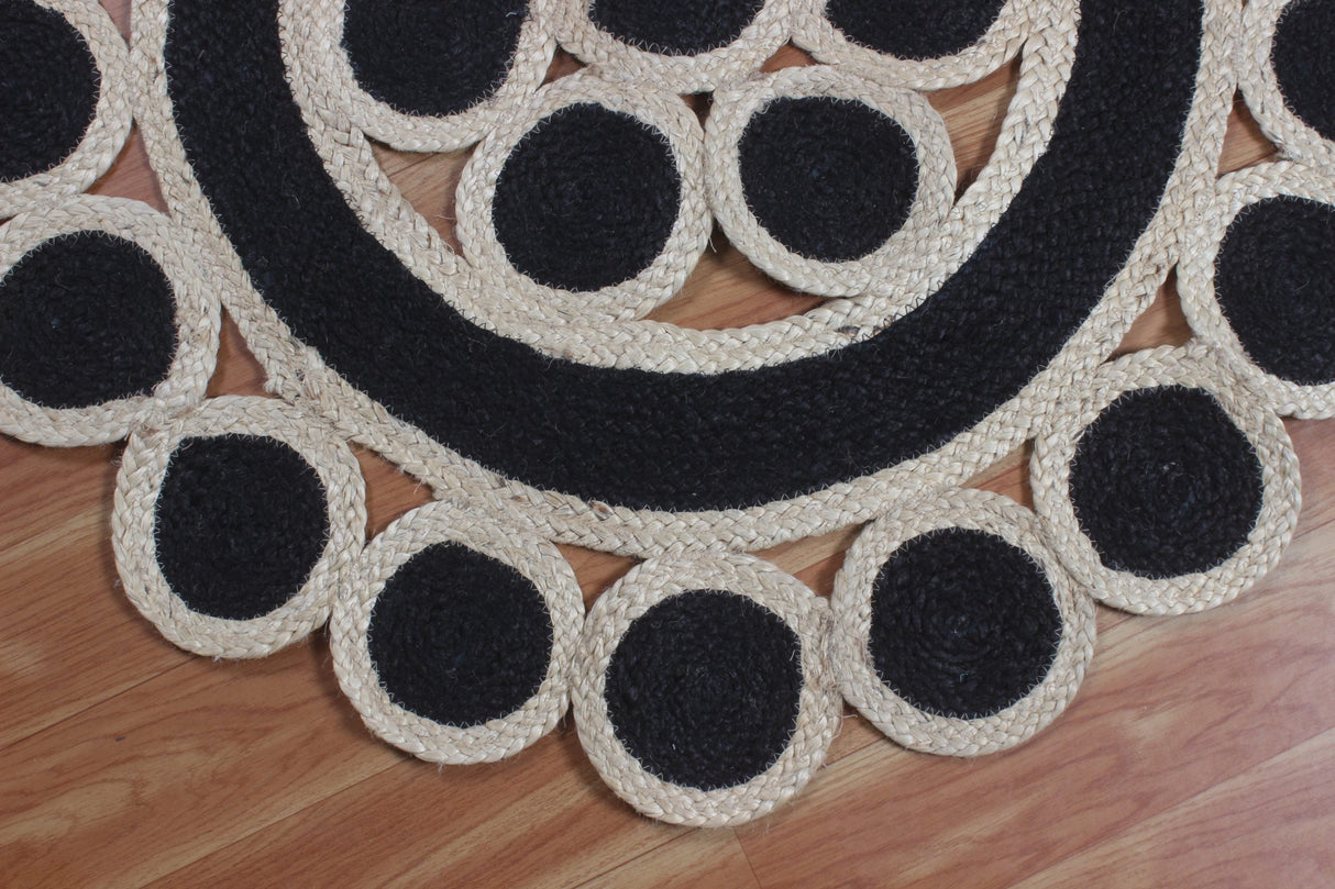 Handmade Black Rug Kitchen Dining Room Rug, Round Natural Rug