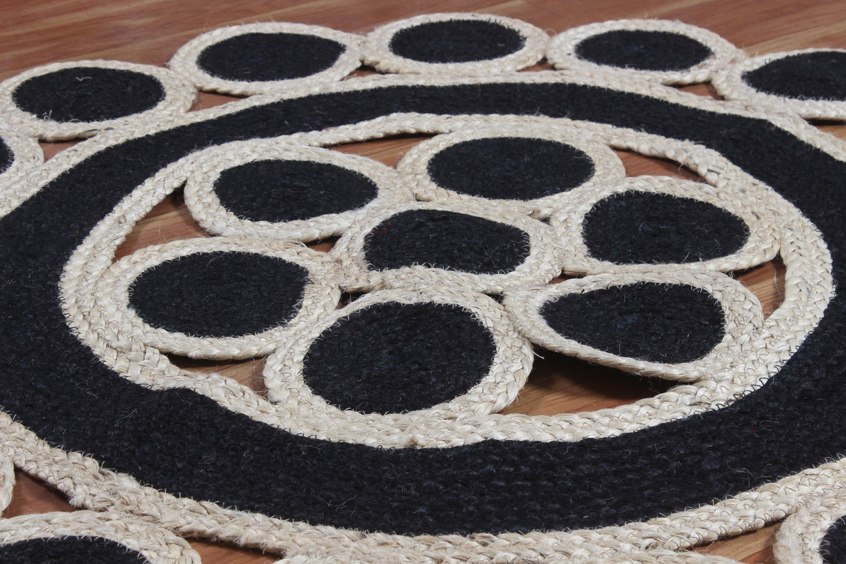 Handmade Black Rug Kitchen Dining Room Rug, Round Natural Rug