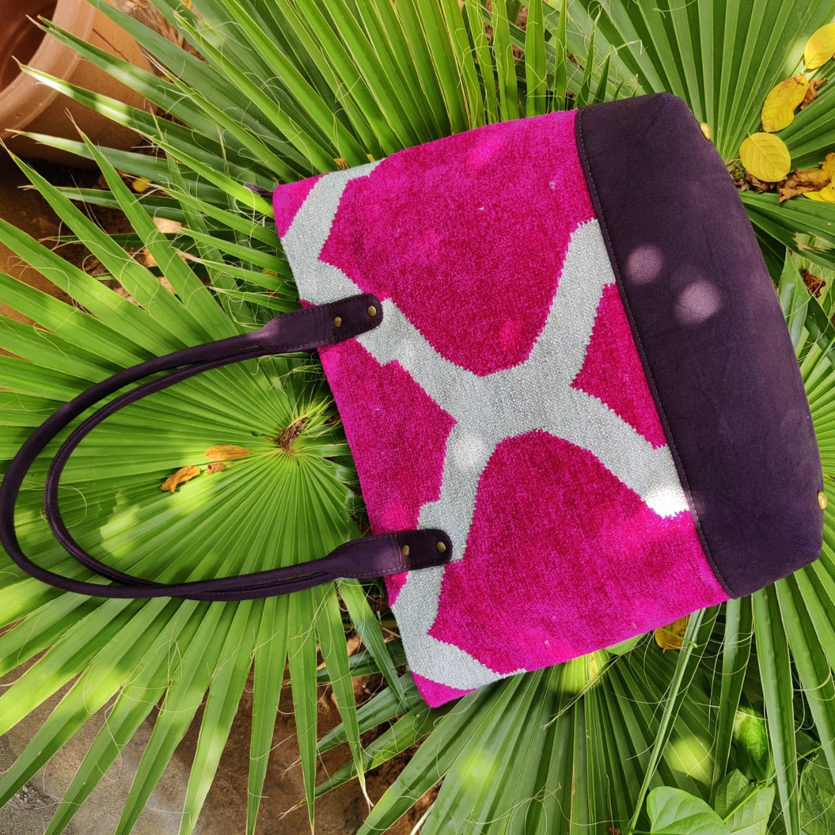 Cotton Dhurrie Shoulder Bag,Pink & White,Eco-Friendly Tote Bags