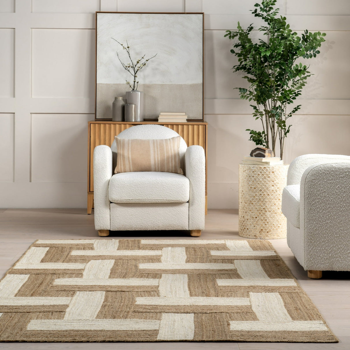 Natural Florentina Jute Rug – Geometric Links Pattern Area Carpet