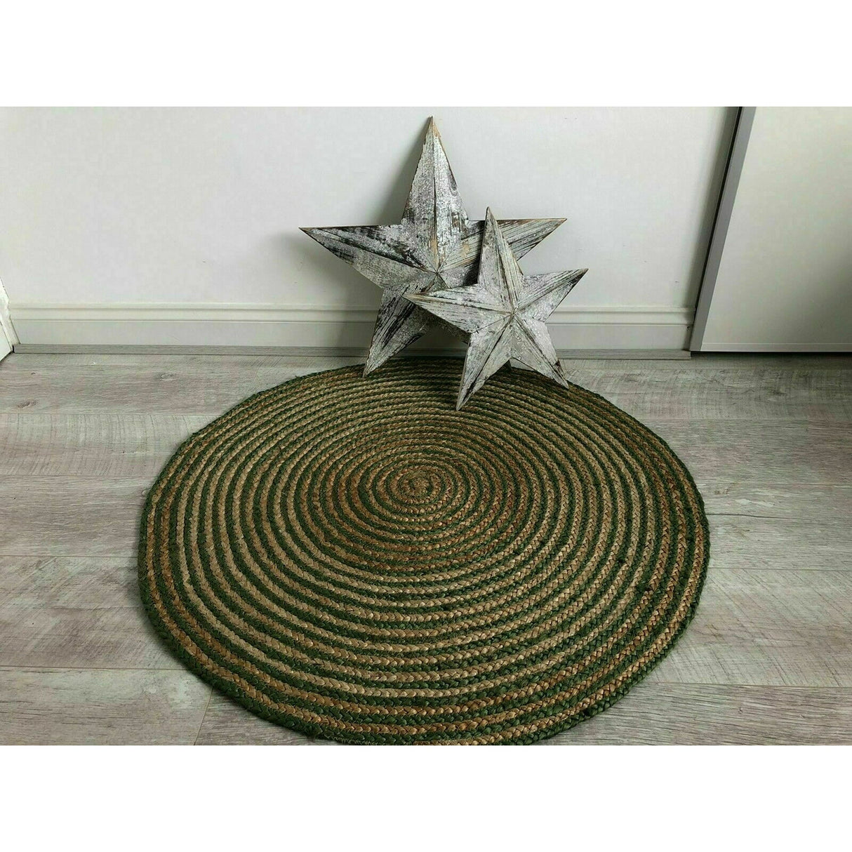 Hand-Braided Round Jute Rug – Rustic Green Natural Fiber Area Mat