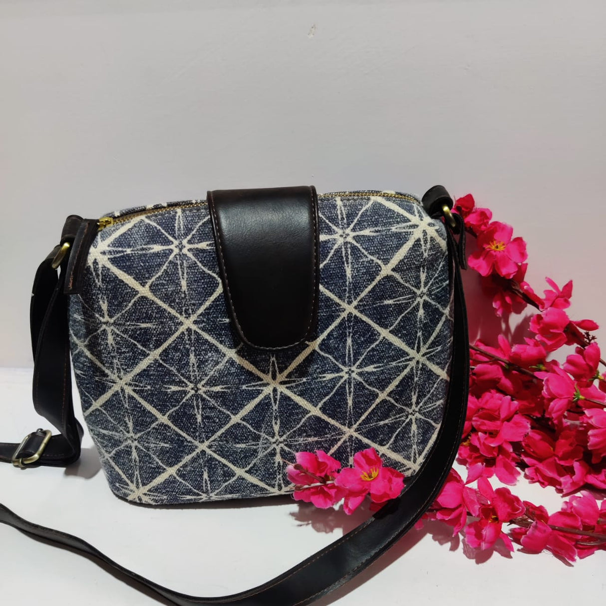 Cotton Dhurrie Sling Bag,Light Blue,Handmade Indian Dhurrie Bags