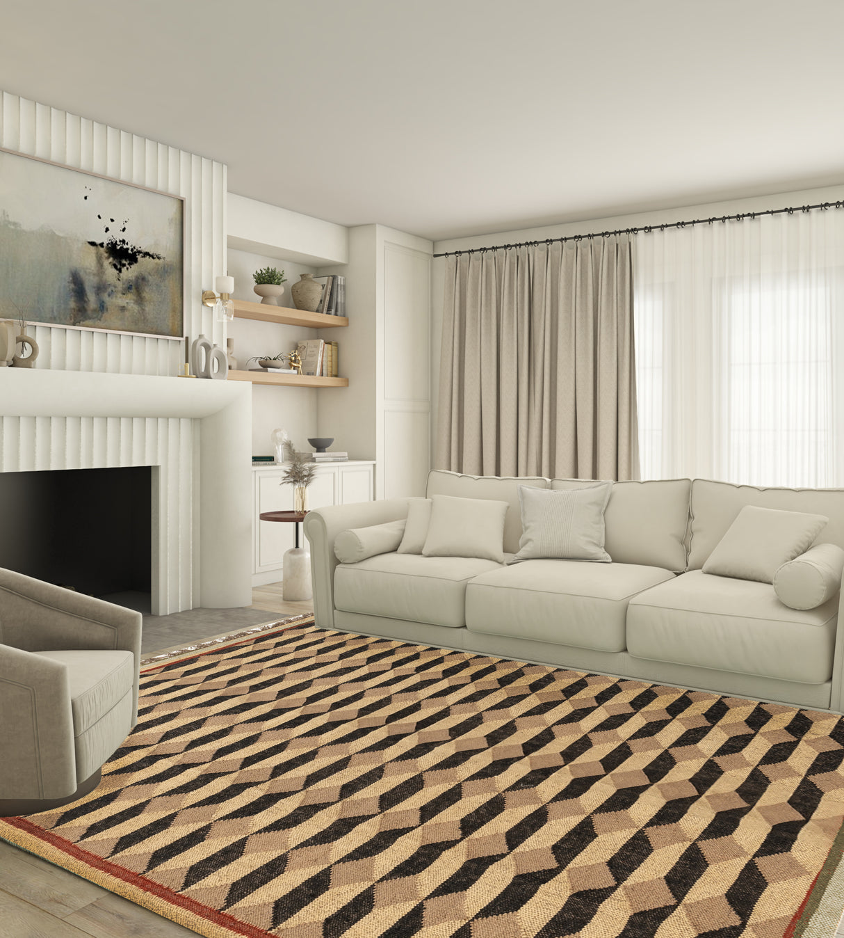 Handmade Dhurrie Wool Jute Rug, Beige And Black, Home Decor Rug