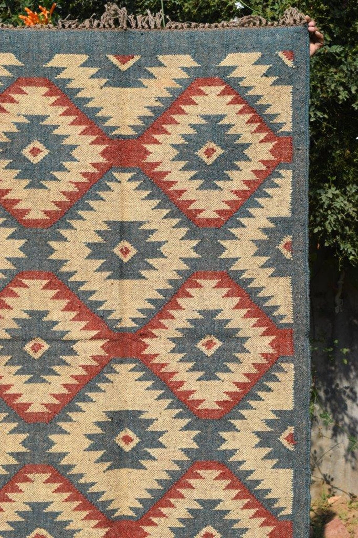Boho Wool Jute Kilim Rug Handmade Navajo Rug