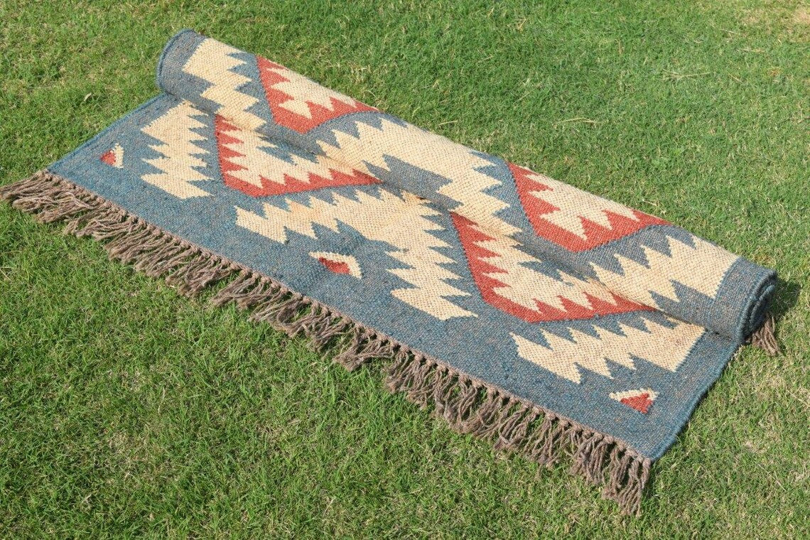 Boho Wool Jute Kilim Rug Handmade Navajo Rug