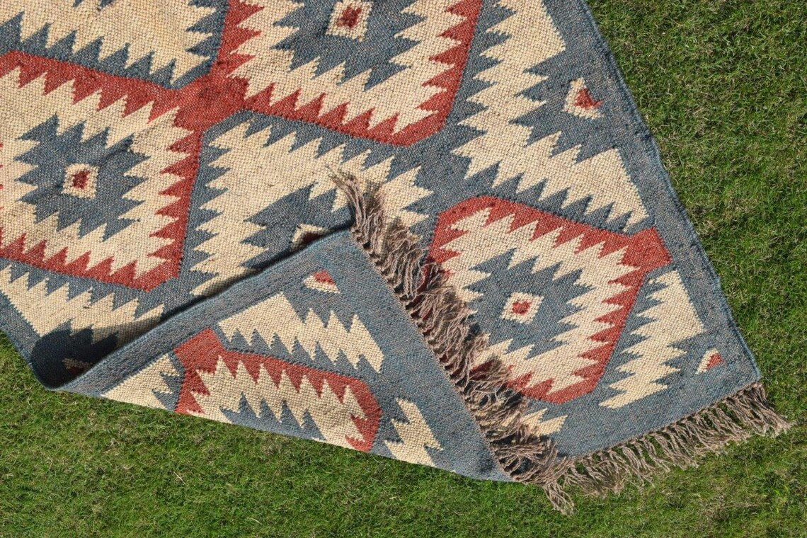 Boho Wool Jute Kilim Rug Handmade Navajo Rug