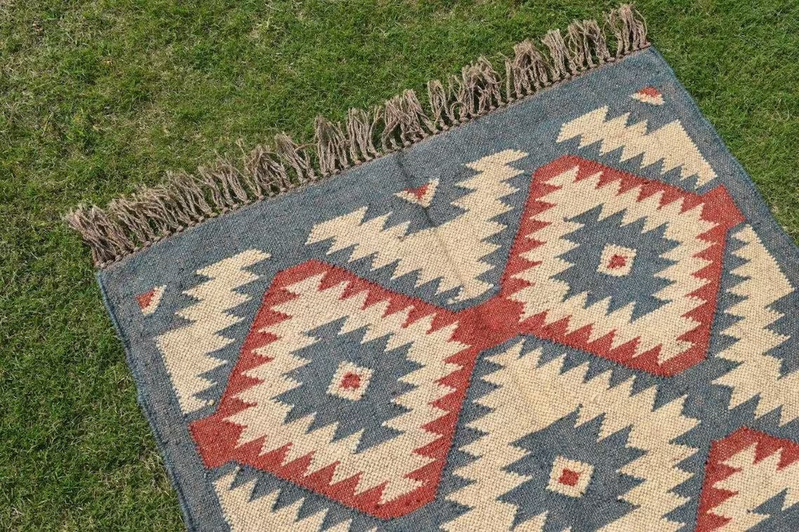 Boho Wool Jute Kilim Rug Handmade Navajo Rug