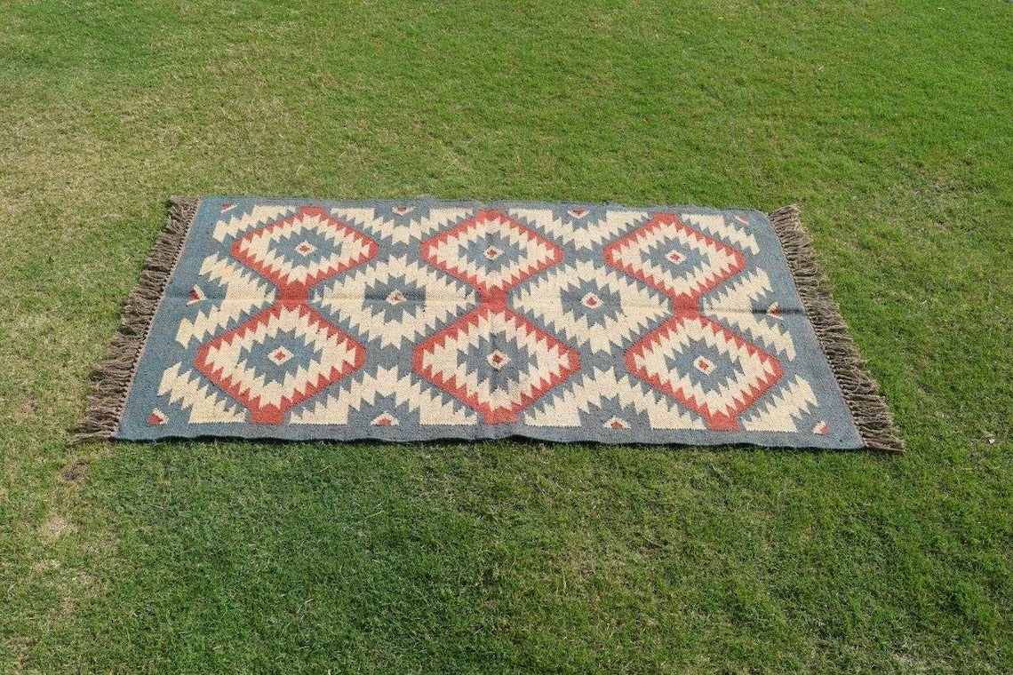 Boho Wool Jute Kilim Rug Handmade Navajo Rug