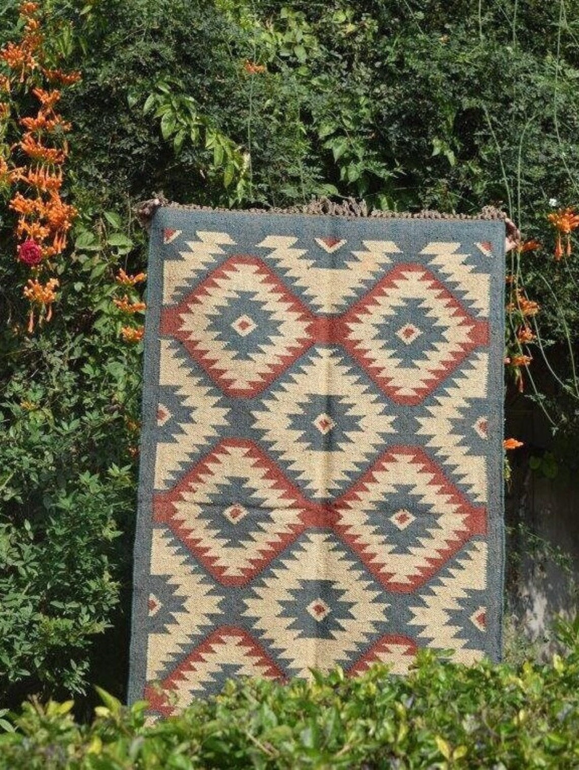 Boho Wool Jute Kilim Rug Handmade Navajo Rug