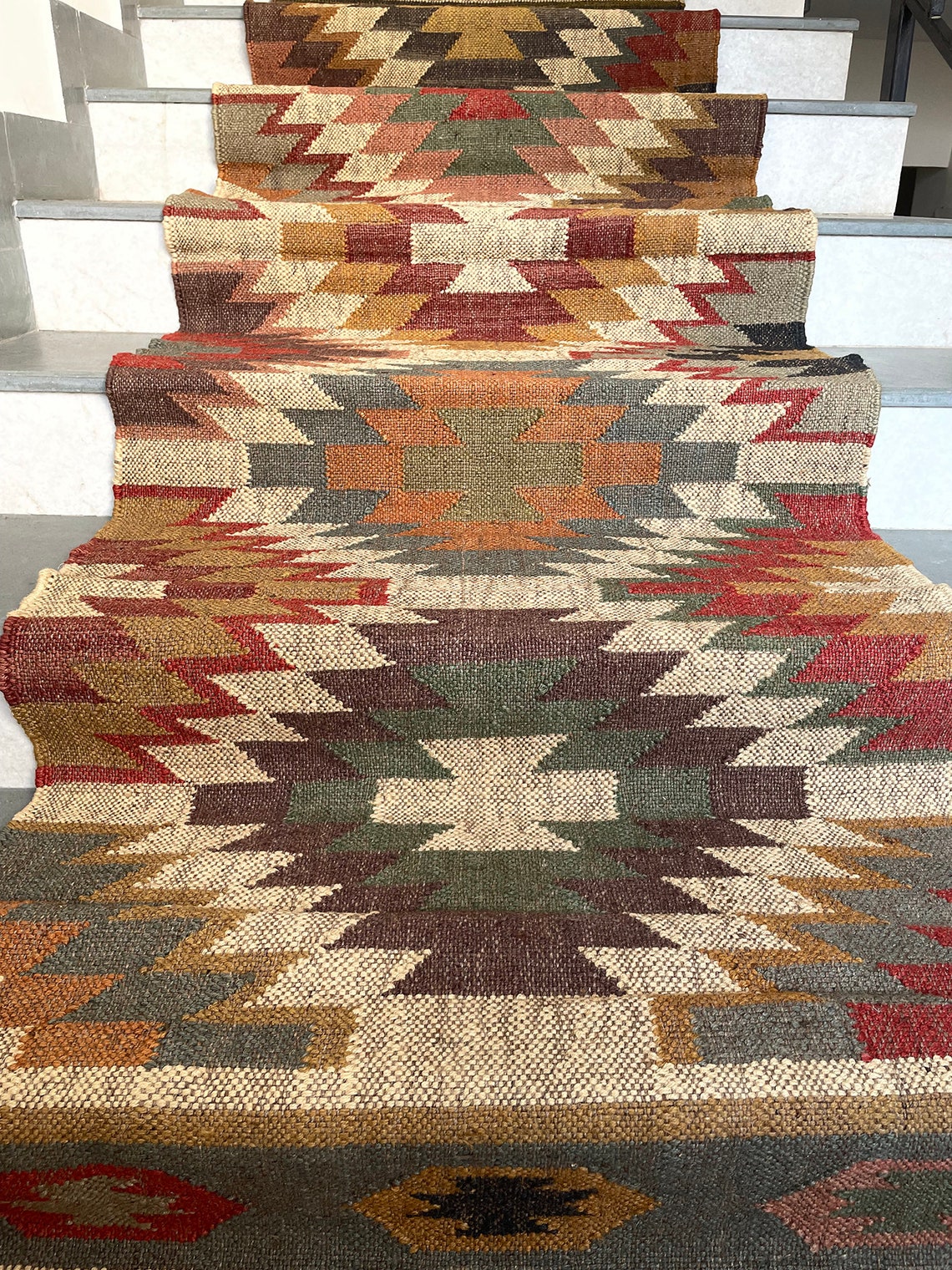 Kilim Jute Stair Runner – Boho Tribal Patterns