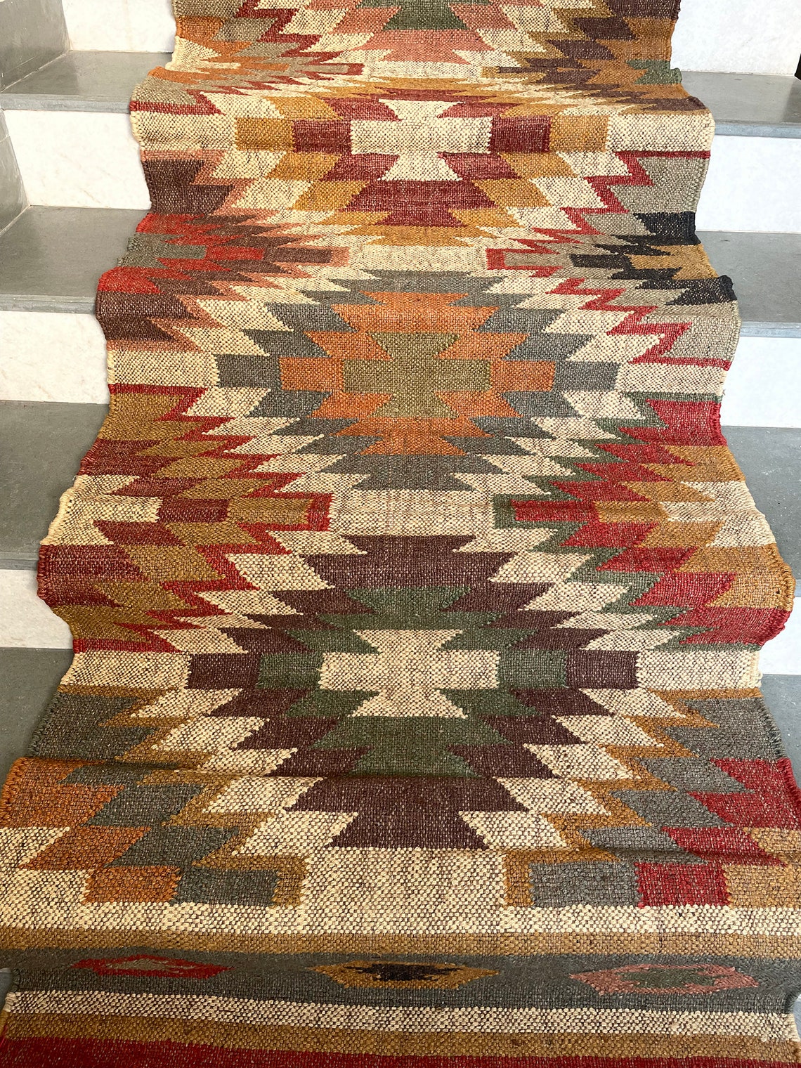 Kilim Jute Stair Runner – Boho Tribal Patterns