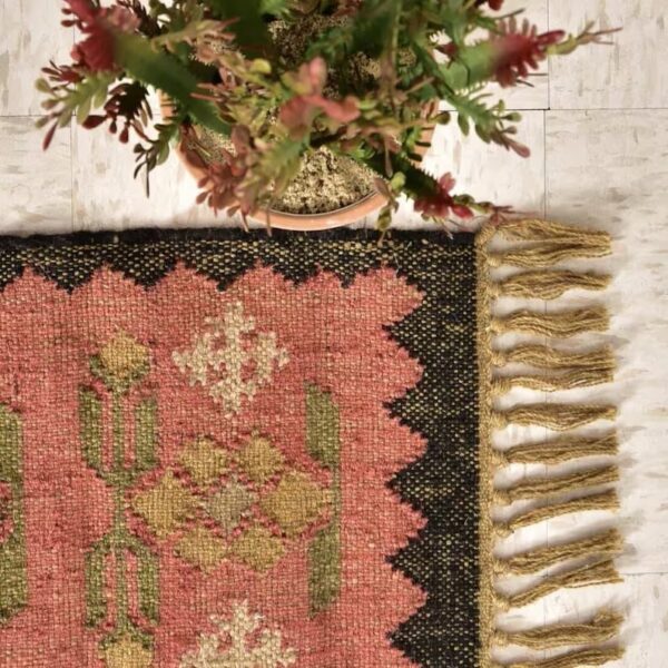 Rustic Wool Kilim Carpet Floral Pink Kilim Rug
