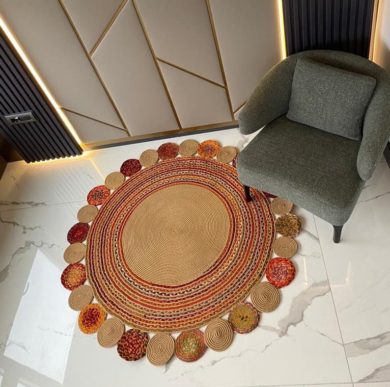 Jute and Chindi Floral Braided Rug – Natural Handwoven Area Mat