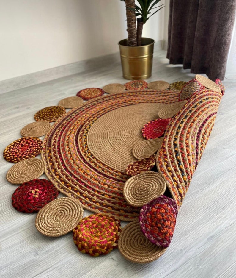 Jute and Chindi Floral Braided Rug – Natural Handwoven Area Mat
