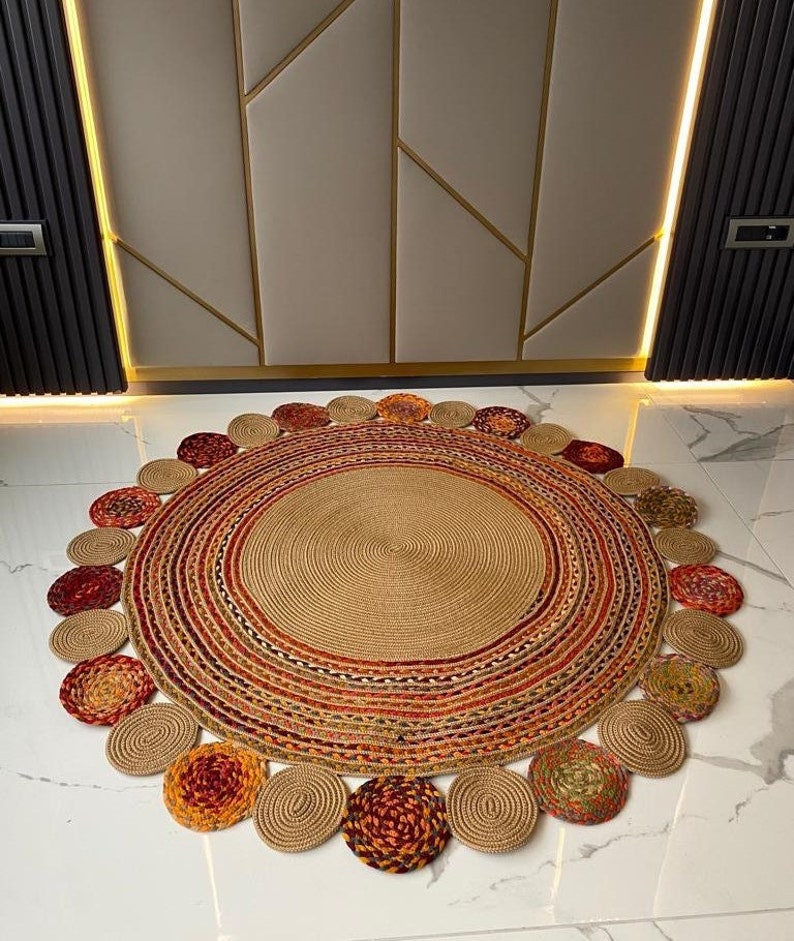 Jute and Chindi Floral Braided Rug – Natural Handwoven Area Mat