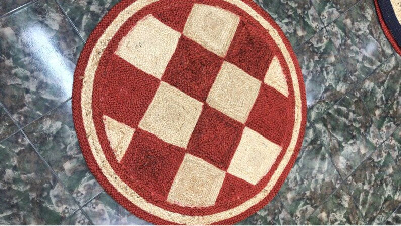 Rustic Checkered Jute Rug – Red and Beige Handcrafted Natural Area Rug
