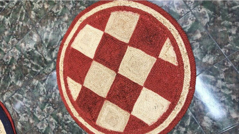 Rustic Checkered Jute Rug – Red and Beige Handcrafted Natural Area Rug