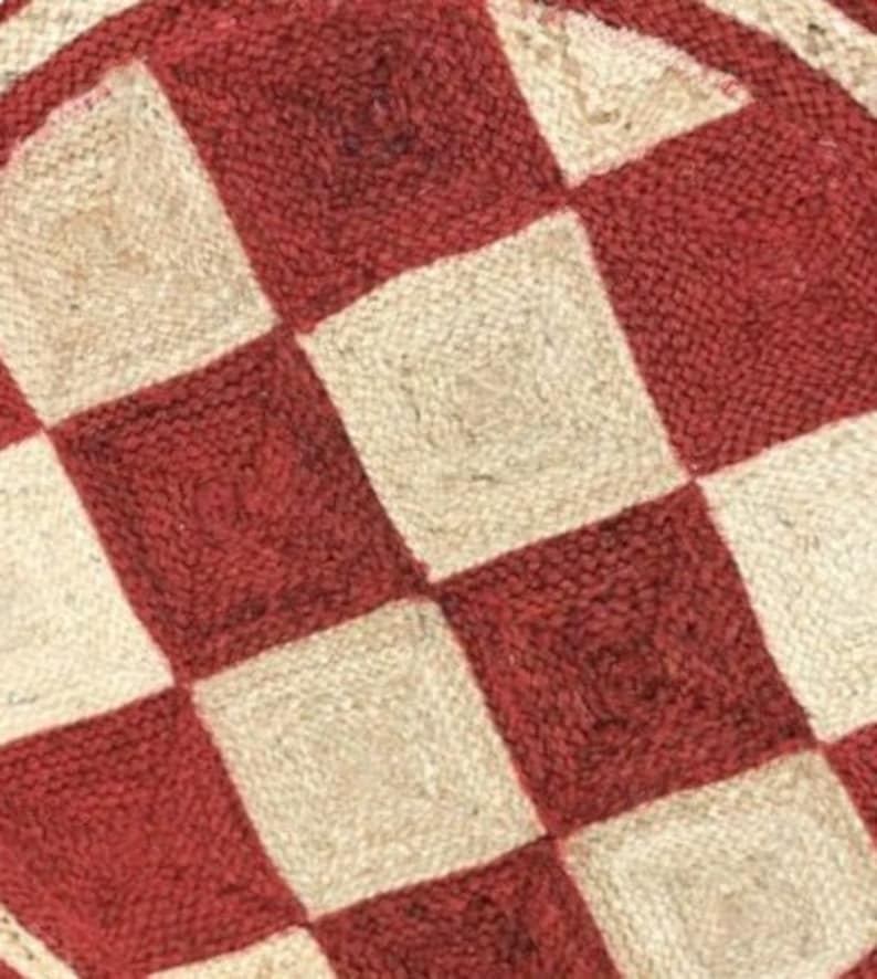 Rustic Checkered Jute Rug – Red and Beige Handcrafted Natural Area Rug