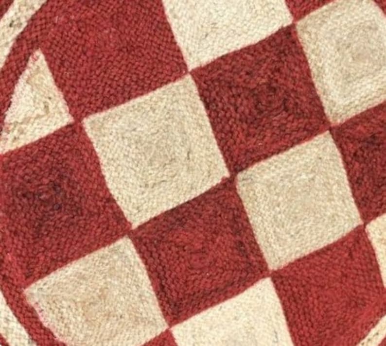 Rustic Checkered Jute Rug – Red and Beige Handcrafted Natural Area Rug