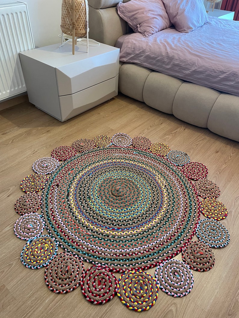 Multicolor Natural Round Jute Rug, Boho Round Straw Rug, Luxury Home Decor