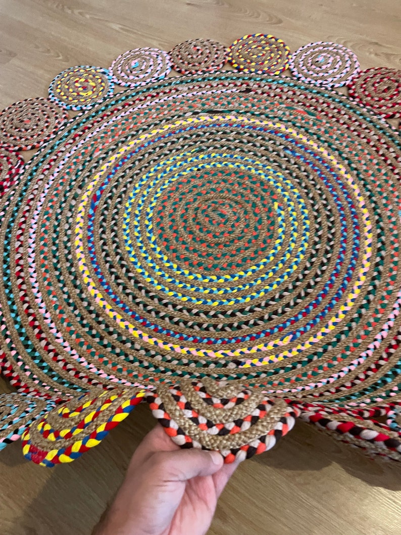 Multicolor Natural Round Jute Rug, Boho Round Straw Rug, Luxury Home Decor