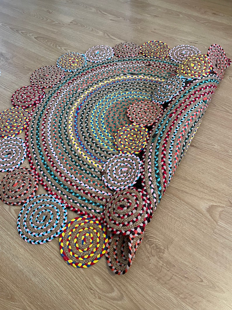 Multicolor Natural Round Jute Rug, Boho Round Straw Rug, Luxury Home Decor