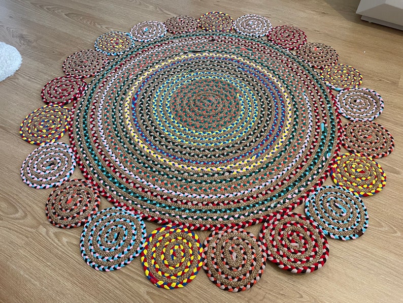 Multicolor Natural Round Jute Rug, Boho Round Straw Rug, Luxury Home Decor