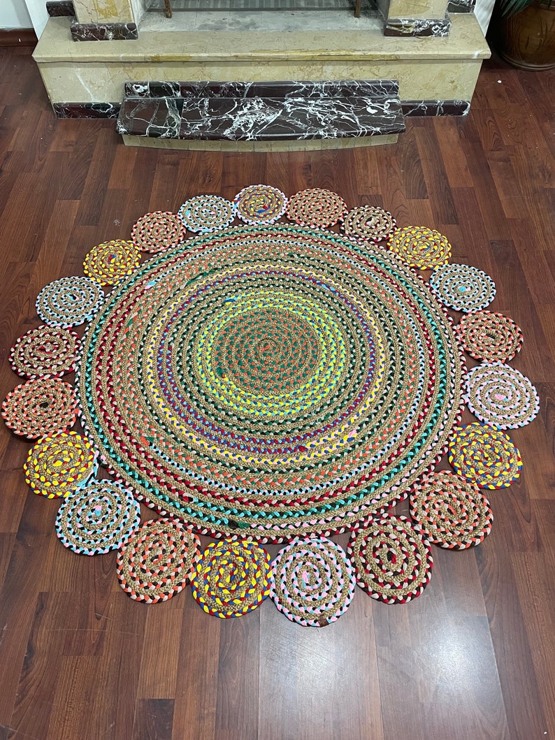 Multicolor Natural Round Jute Rug, Boho Round Straw Rug, Luxury Home Decor