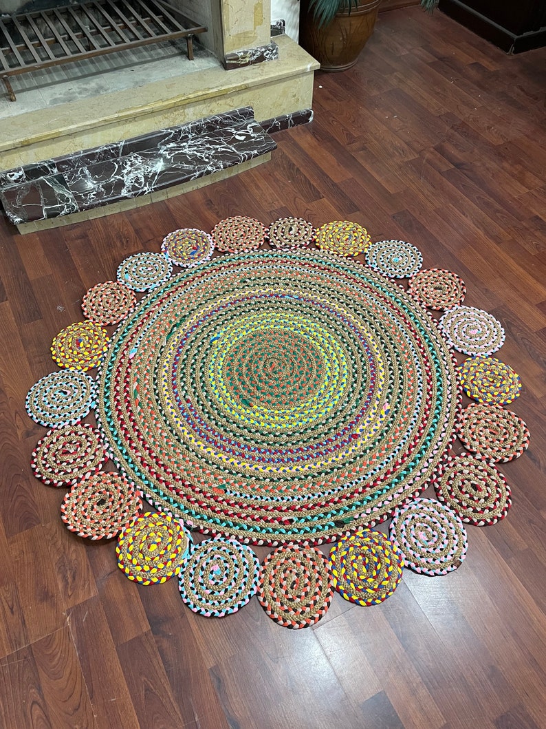 Multicolor Natural Round Jute Rug, Boho Round Straw Rug, Luxury Home Decor