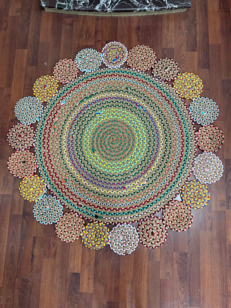 Multicolor Natural Round Jute Rug, Boho Round Straw Rug, Luxury Home Decor