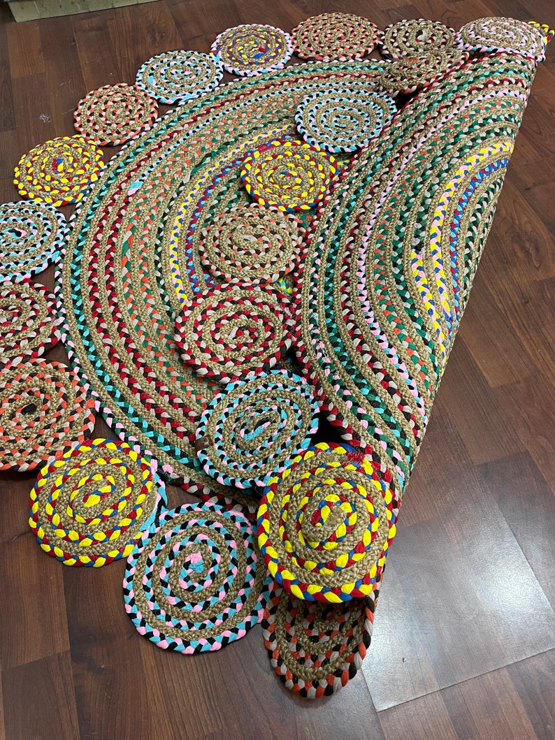 Multicolor Natural Round Jute Rug, Boho Round Straw Rug, Luxury Home Decor