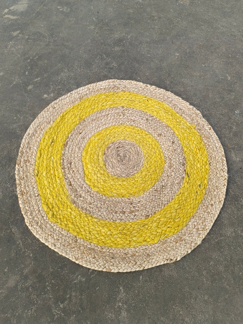 Beige & Yellow Handmade Jute Rug – Eco-Friendly Round Natural Fiber Floor Mat