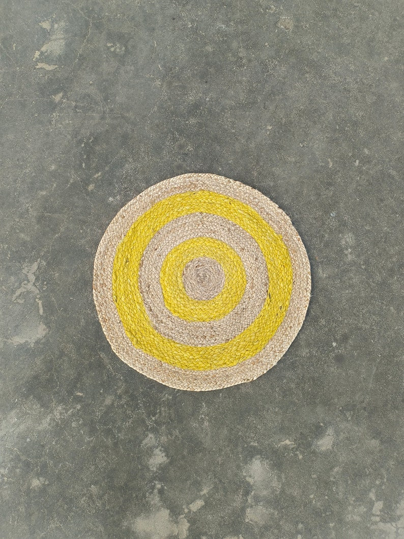 Beige & Yellow Handmade Jute Rug – Eco-Friendly Round Natural Fiber Floor Mat