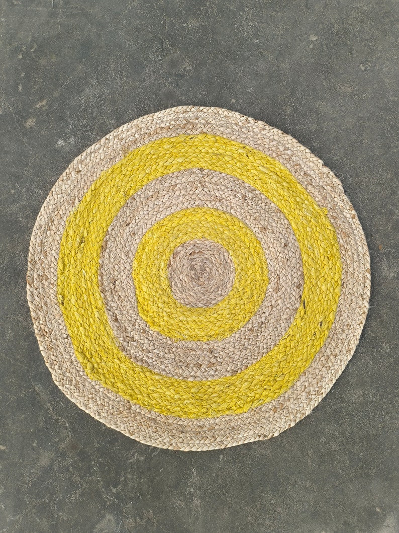 Beige & Yellow Handmade Jute Rug – Eco-Friendly Round Natural Fiber Floor Mat
