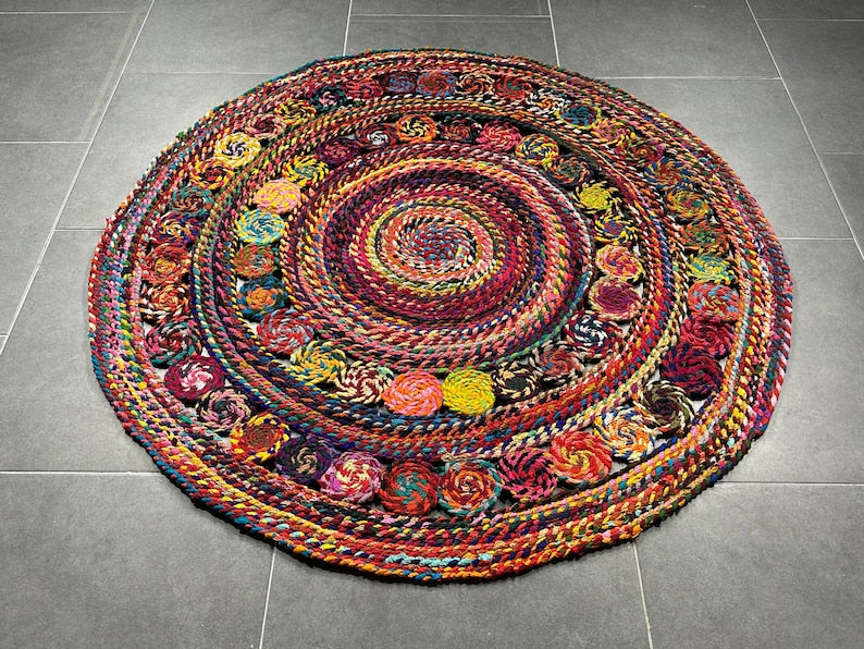 Colorful Circle Jute Rug, Handmade Rug for Home