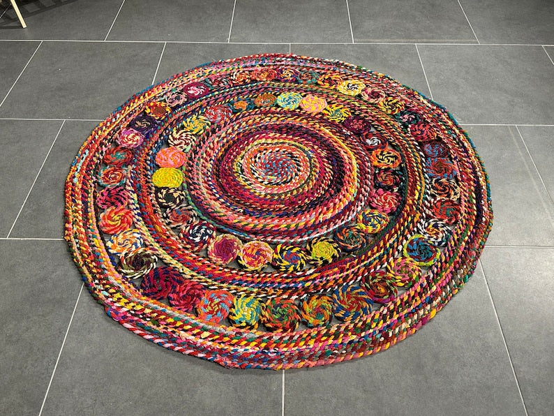 Colorful Circle Jute Rug, Handmade Rug for Home