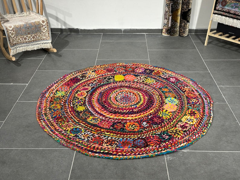 Colorful Circle Jute Rug, Handmade Rug for Home