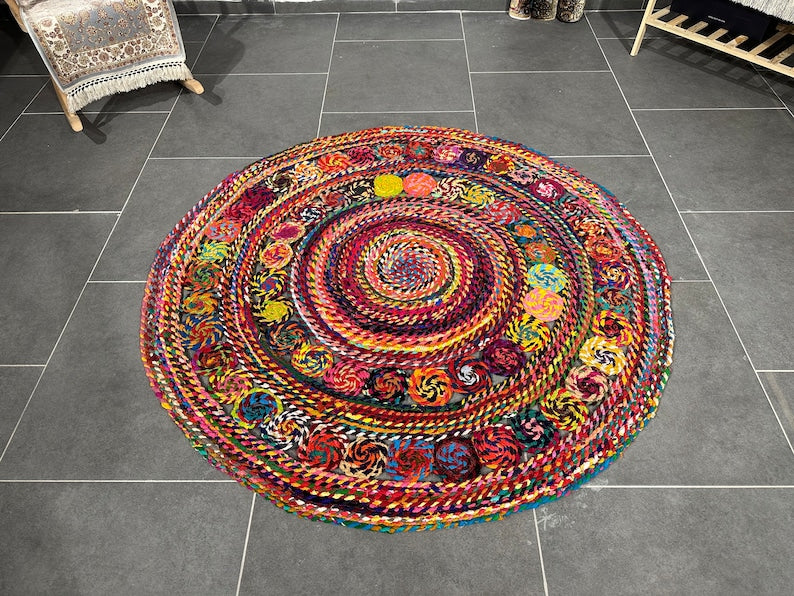 Colorful Circle Jute Rug, Handmade Rug for Home