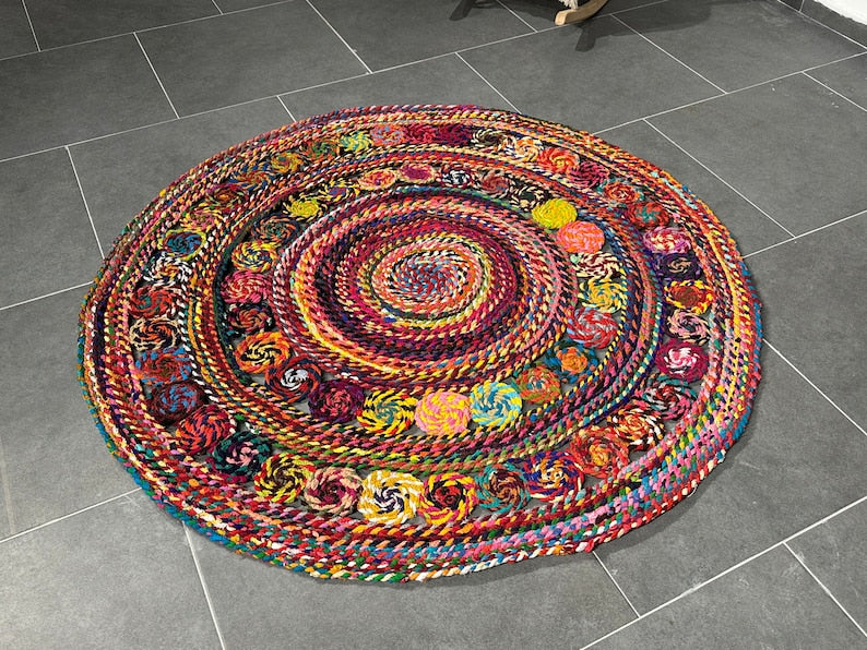 Colorful Circle Jute Rug, Handmade Rug for Home