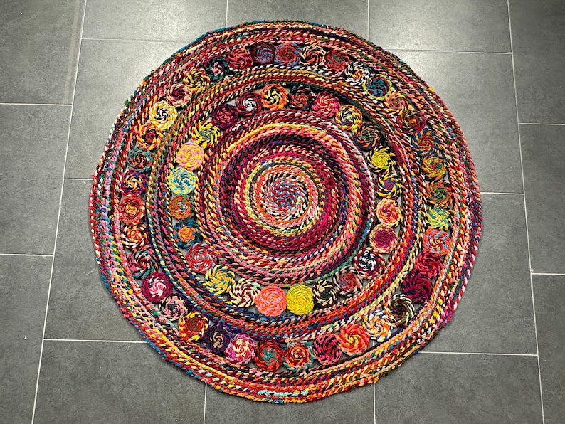 Colorful Circle Jute Rug, Handmade Rug for Home