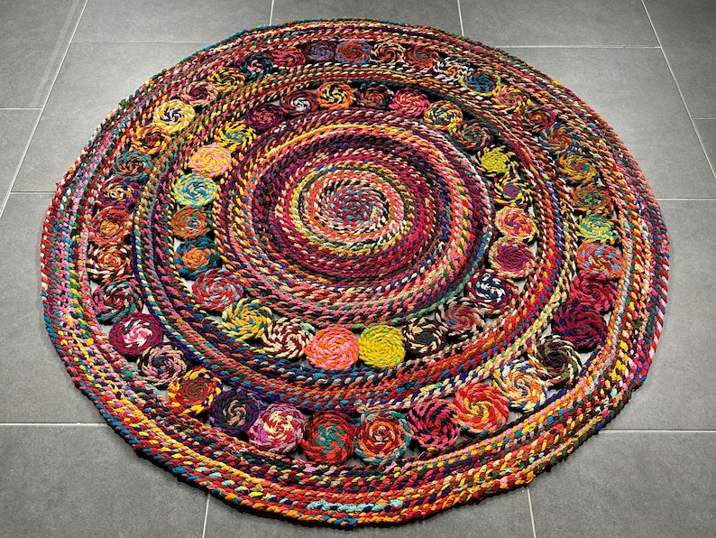 Colorful Circle Jute Rug, Handmade Rug for Home