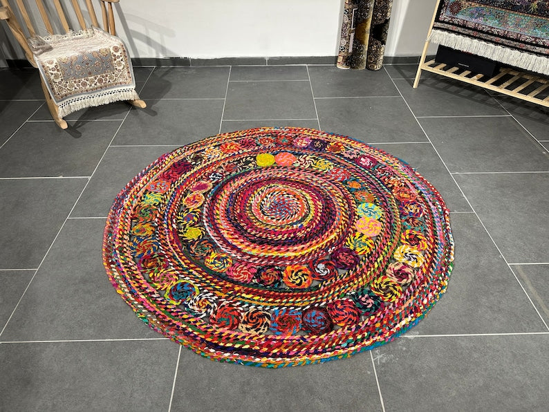 Colorful Circle Jute Rug, Handmade Rug for Home