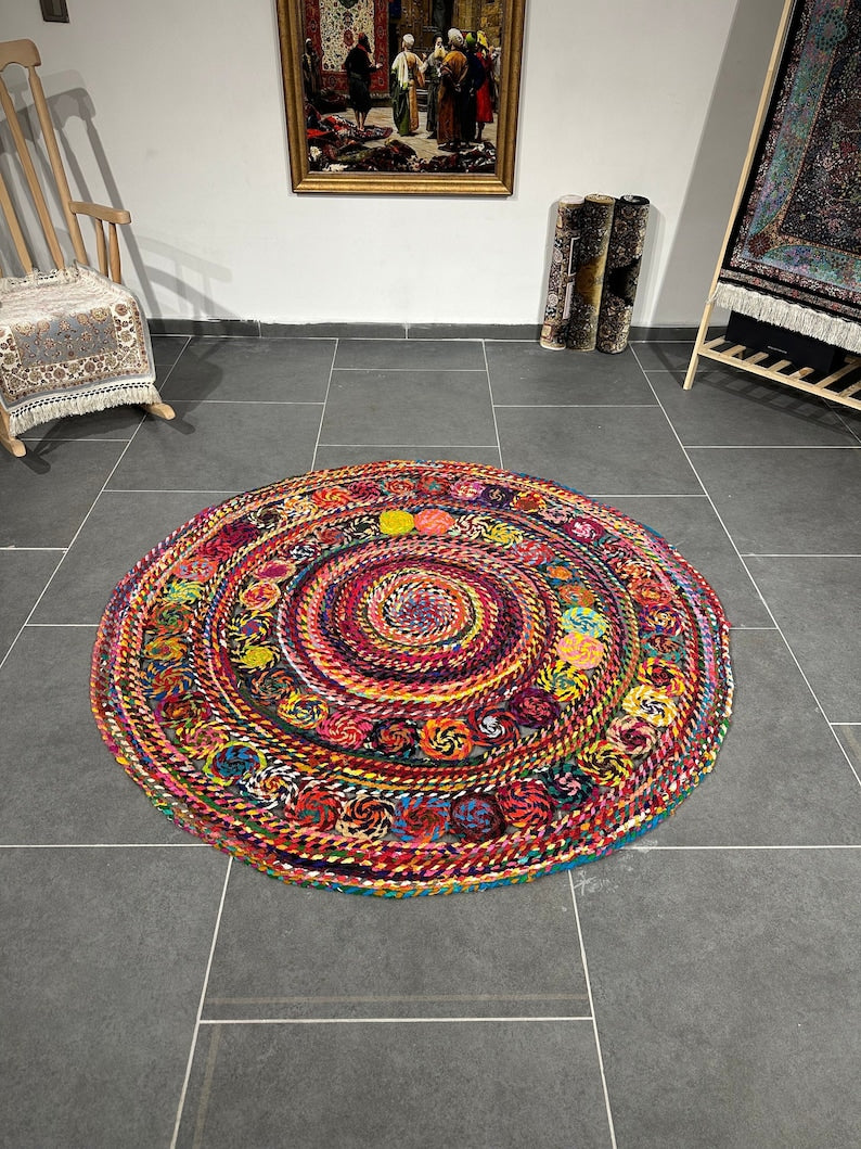 Colorful Circle Jute Rug, Handmade Rug for Home
