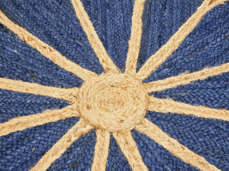 Blue Hand-Braided Jute Rug – Eco-Friendly Flower Design Area Rug