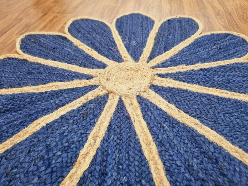 Blue Hand-Braided Jute Rug – Eco-Friendly Flower Design Area Rug