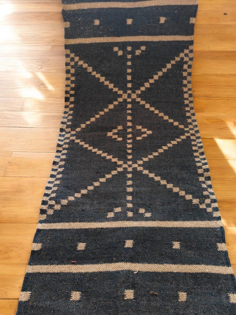Handwoven Black Wool And Jute Runner/Handmade Kilim Runner Rug For Stair Decor