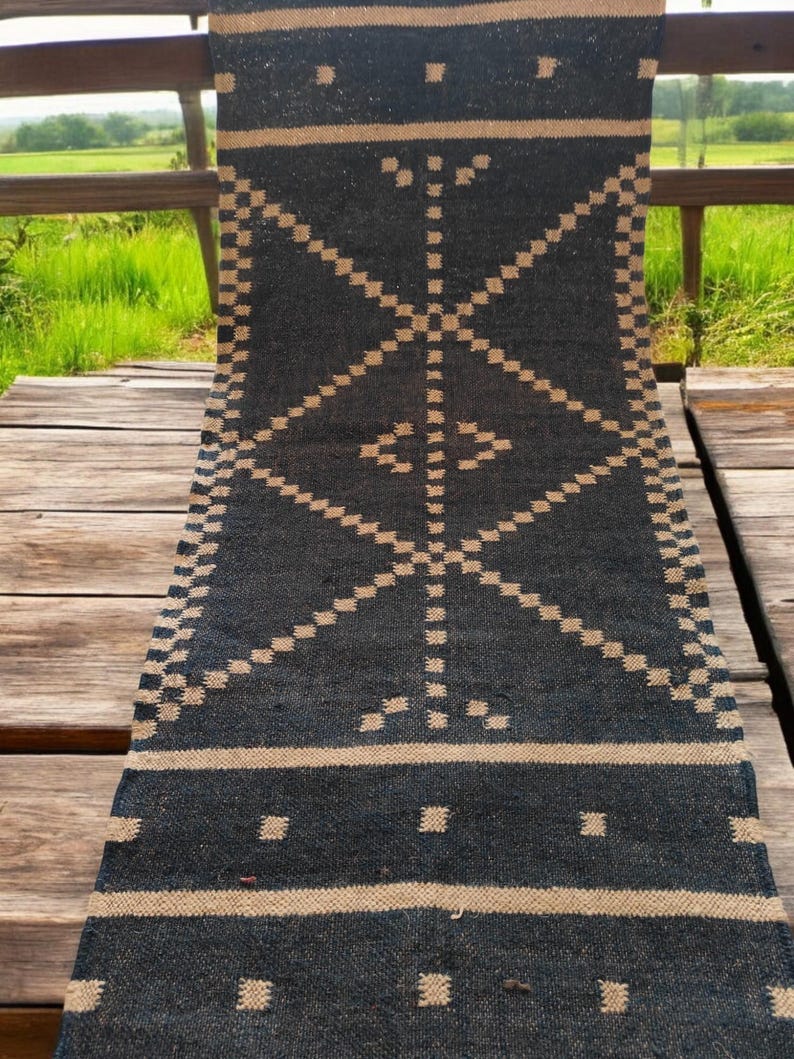 Handwoven Black Wool And Jute Runner/Handmade Kilim Runner Rug For Stair Decor