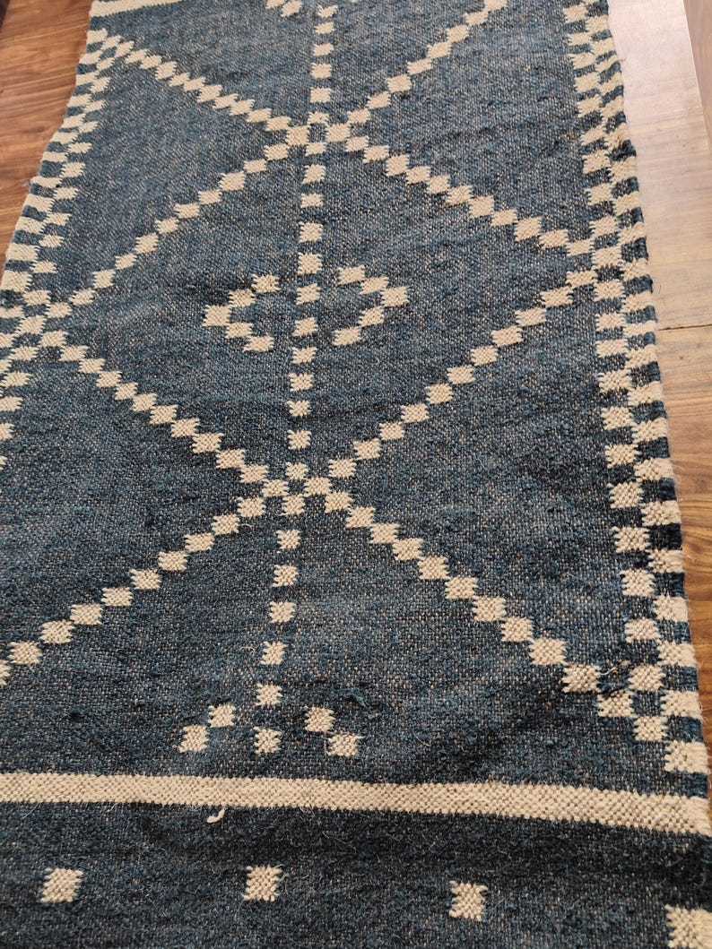 Handwoven Black Wool And Jute Runner/Handmade Kilim Runner Rug For Stair Decor