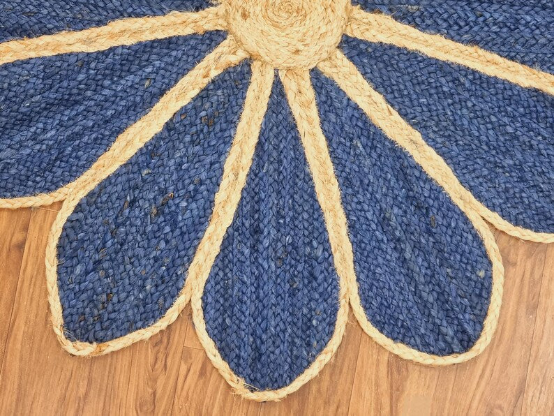 Blue Hand-Braided Jute Rug – Eco-Friendly Flower Design Area Rug